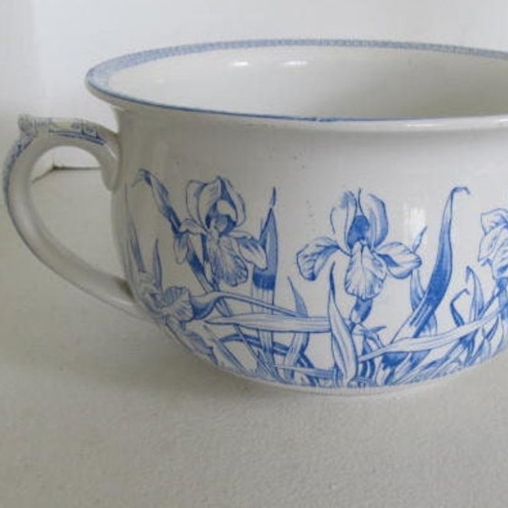 victorian Antique Blue Transferware Ironstone Chamber Pot T&R Boote Iris Pattern